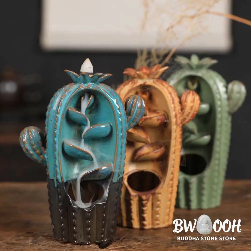 BWOOOH Cactus Ceramic Healing Backflow Smoke Fountain Incense Burner - Cactus-Blue 12.5*6.5*17cm - Incense Burner