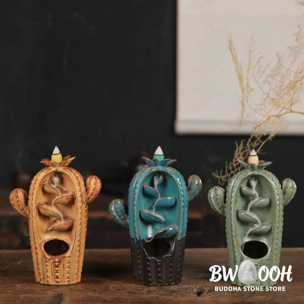 BWOOOH Cactus Ceramic Healing Backflow Smoke Fountain Incense Burner - Cactus-Blue 12.5*6.5*17cm - Incense Burner
