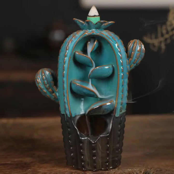 BWOOOH Cactus Ceramic Healing Backflow Smoke Fountain Incense Burner - Cactus-Blue 12.5*6.5*17cm - Incense Burner