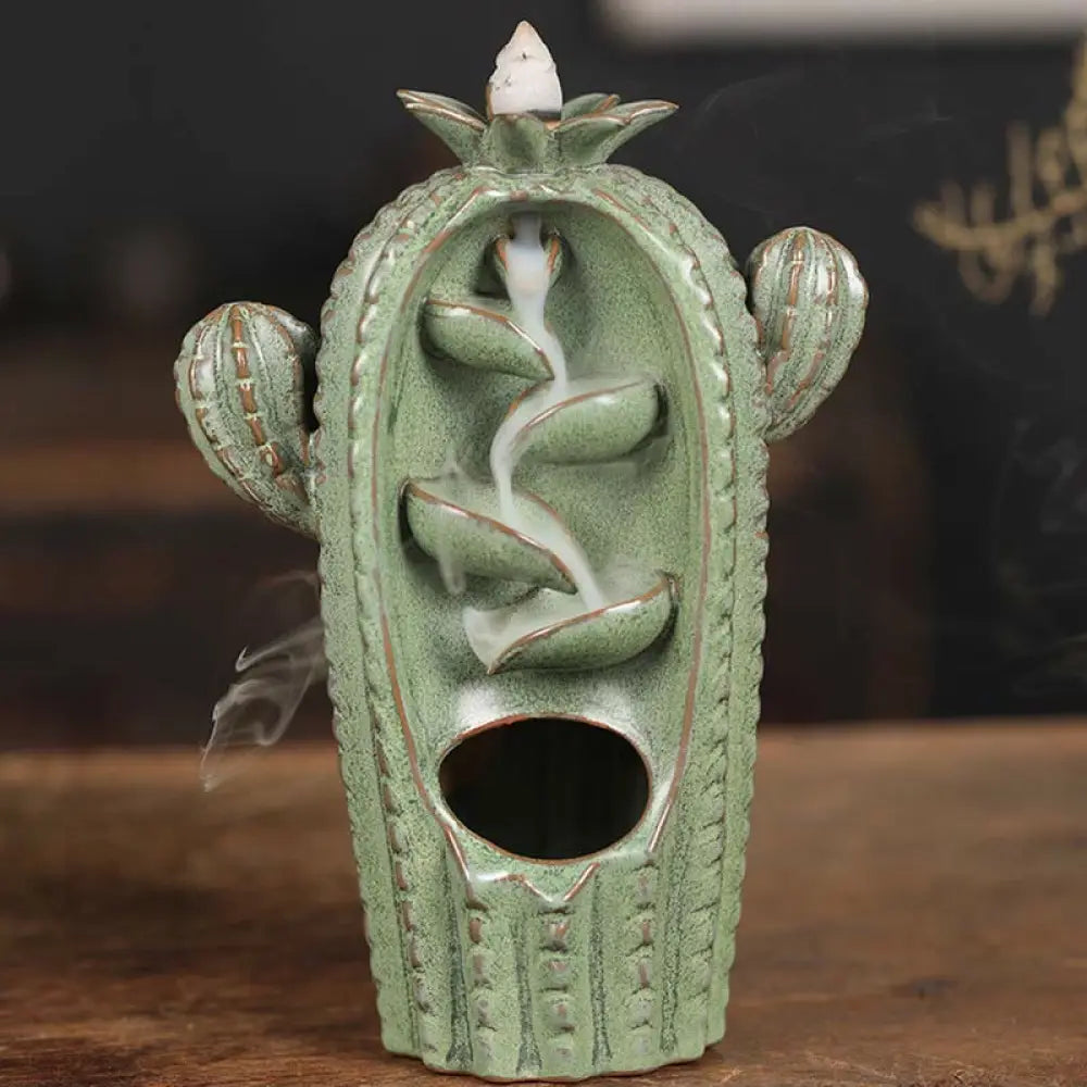 BWOOOH Cactus Ceramic Healing Backflow Smoke Fountain Incense Burner - Cactus-Blue 12.5*6.5*17cm - Incense Burner