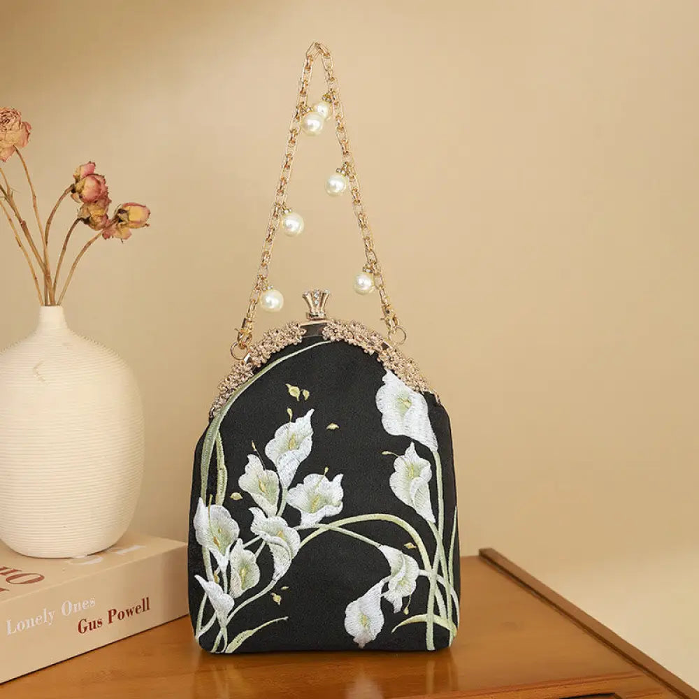 Buddha Stones Calla Embroidery Metal Handle Handbag Crossbody Bag - Calla Black 15*5*20cm - Crossbody Bag&amp;Handbags