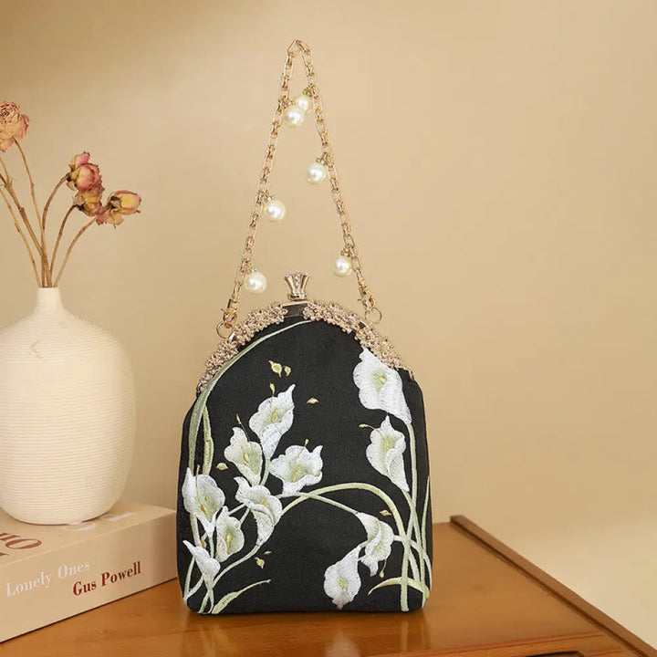 Buddha Stones Calla Embroidery Metal Handle Handbag Crossbody Bag - Calla Black 15*5*20cm - Crossbody Bag&amp;Handbags