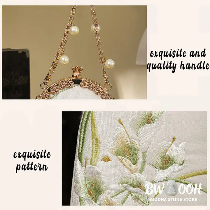 Buddha Stones Calla Embroidery Metal Handle Handbag Crossbody Bag - Crossbody Bag&amp;Handbags