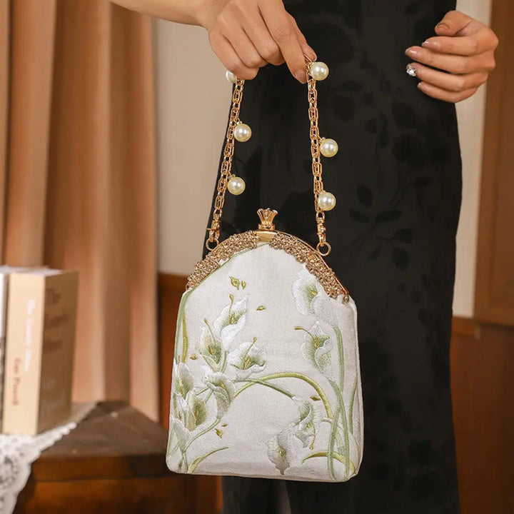 BWOOOH Calla Embroidery Metal Handle Handbag Crossbody Ba