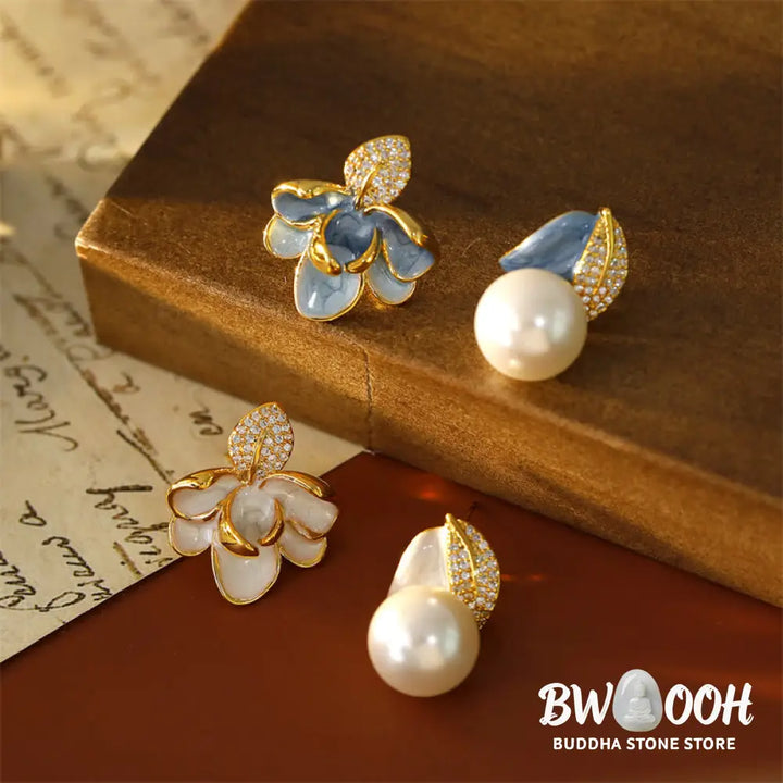 Buddha Stones Camellia Flower Zircon Copper Luck Stud Earrings - Earrings