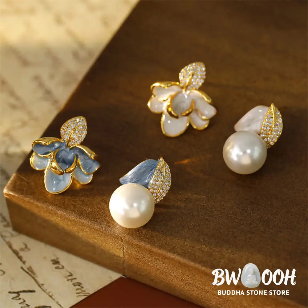 Buddha Stones Camellia Flower Zircon Copper Luck Stud Earrings - Earrings