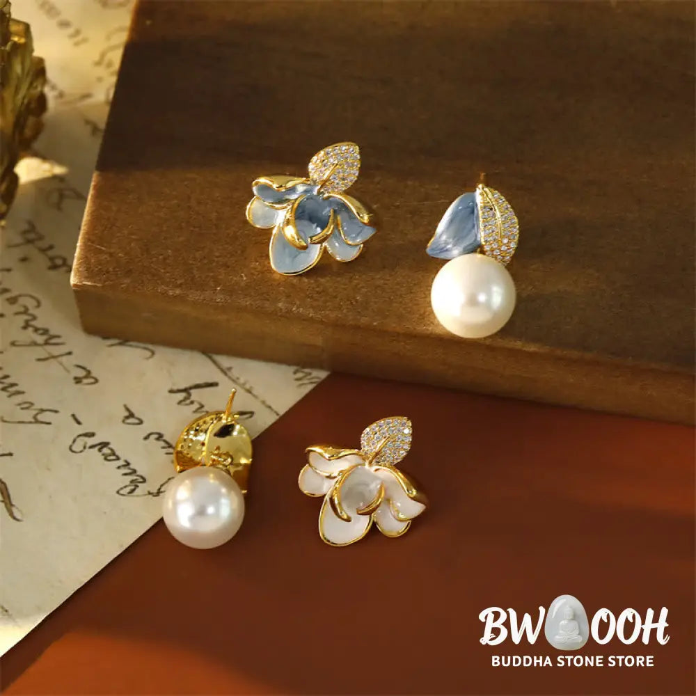 Buddha Stones Camellia Flower Zircon Copper Luck Stud Earrings - Earrings
