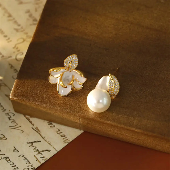 Buddha Stones Camellia Flower Zircon Copper Luck Stud Earrings - White - Earrings