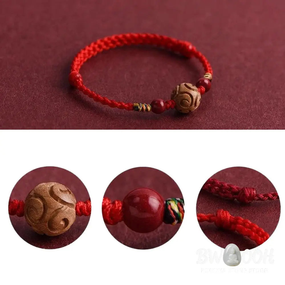 Buddha Stones Carved Auspicious Pattern Natural Peach Wood Rope Luck Bracelet - Bracelet