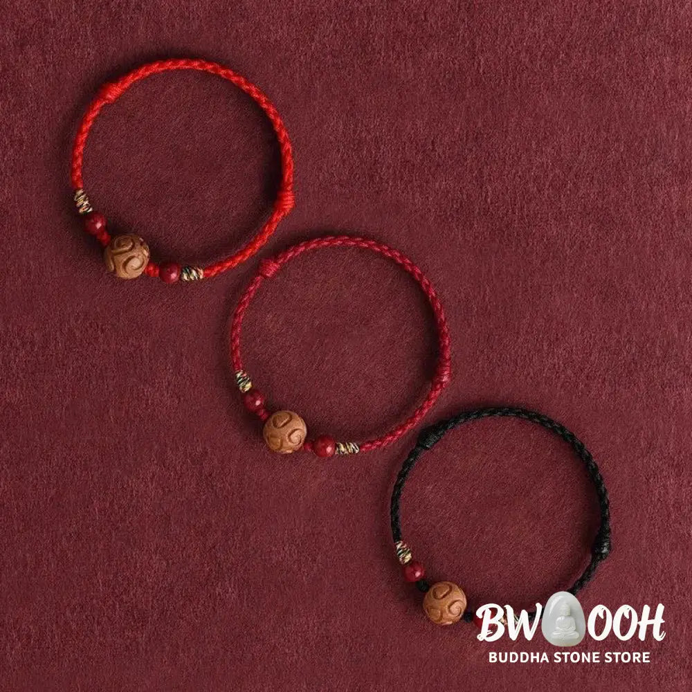 Buddha Stones Carved Auspicious Pattern Natural Peach Wood Rope Luck Bracelet - Bracelet