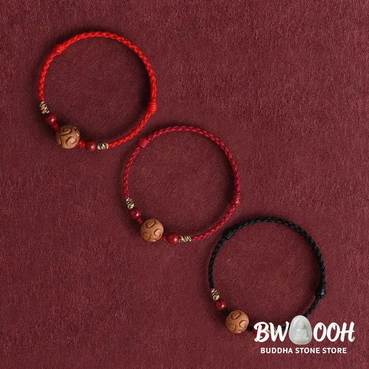 Buddha Stones Carved Auspicious Pattern Natural Peach Wood Rope Luck Bracelet - Bracelet