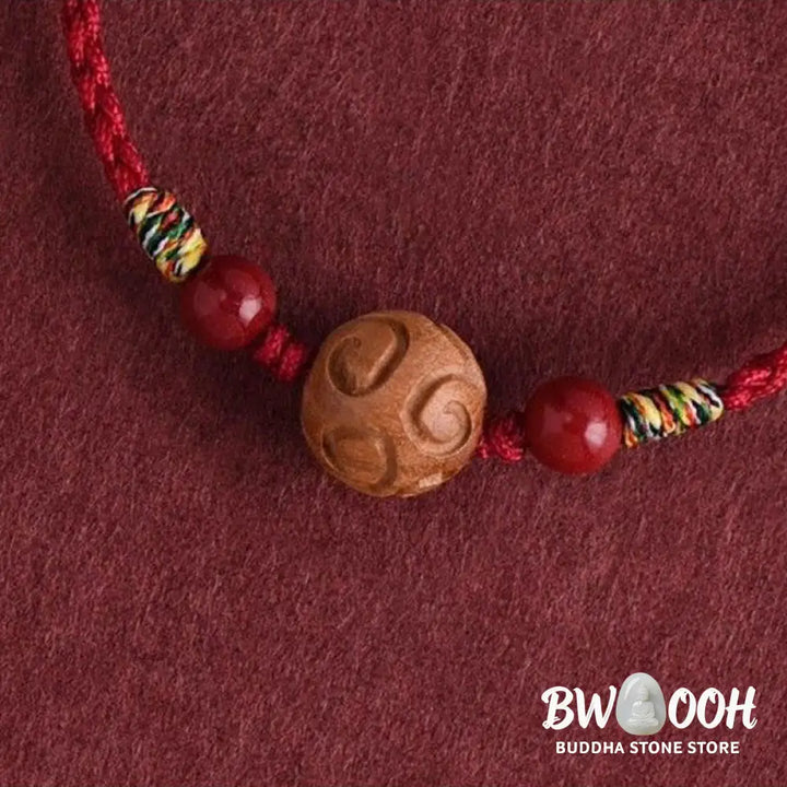 Buddha Stones Carved Auspicious Pattern Natural Peach Wood Rope Luck Bracelet - Bracelet