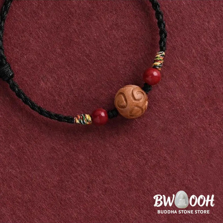 Buddha Stones Carved Auspicious Pattern Natural Peach Wood Rope Luck Bracelet - Bracelet