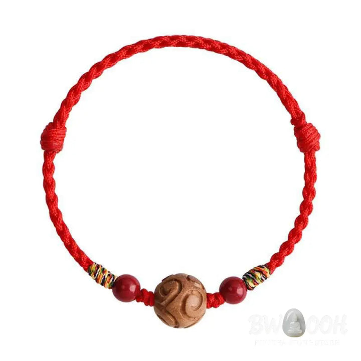 Buddha Stones Carved Auspicious Pattern Natural Peach Wood Rope Luck Bracelet - Bracelet