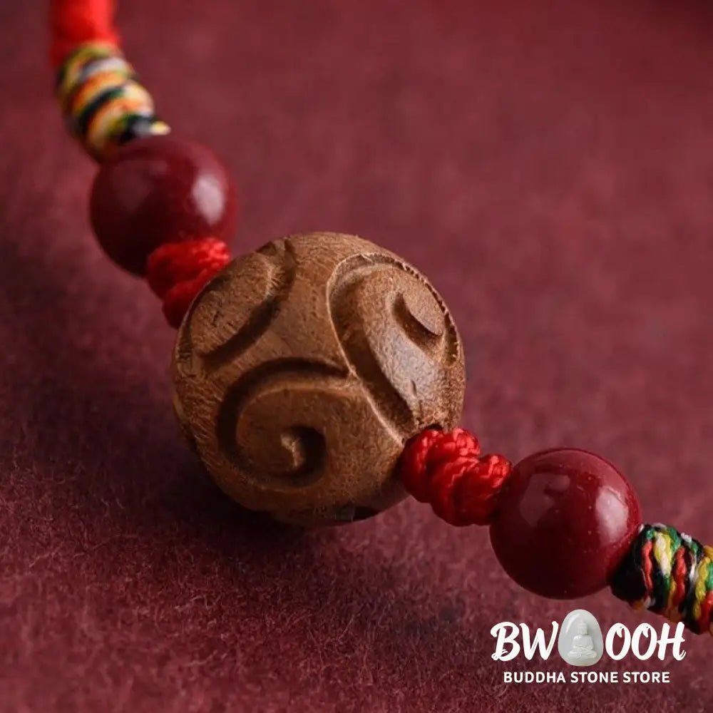 Buddha Stones Carved Auspicious Pattern Natural Peach Wood Rope Luck Bracelet - Bracelet