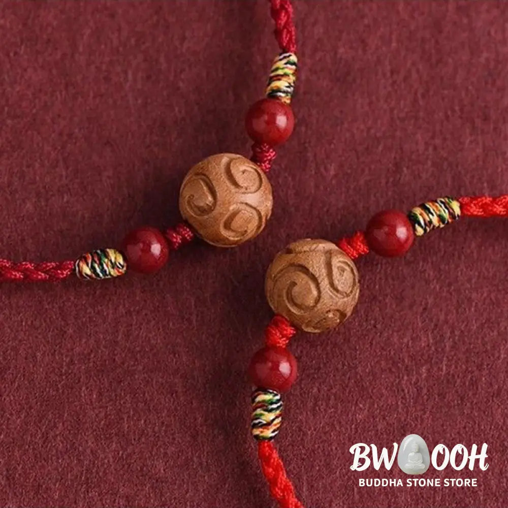 Buddha Stones Carved Auspicious Pattern Natural Peach Wood Rope Luck Bracelet - Bracelet