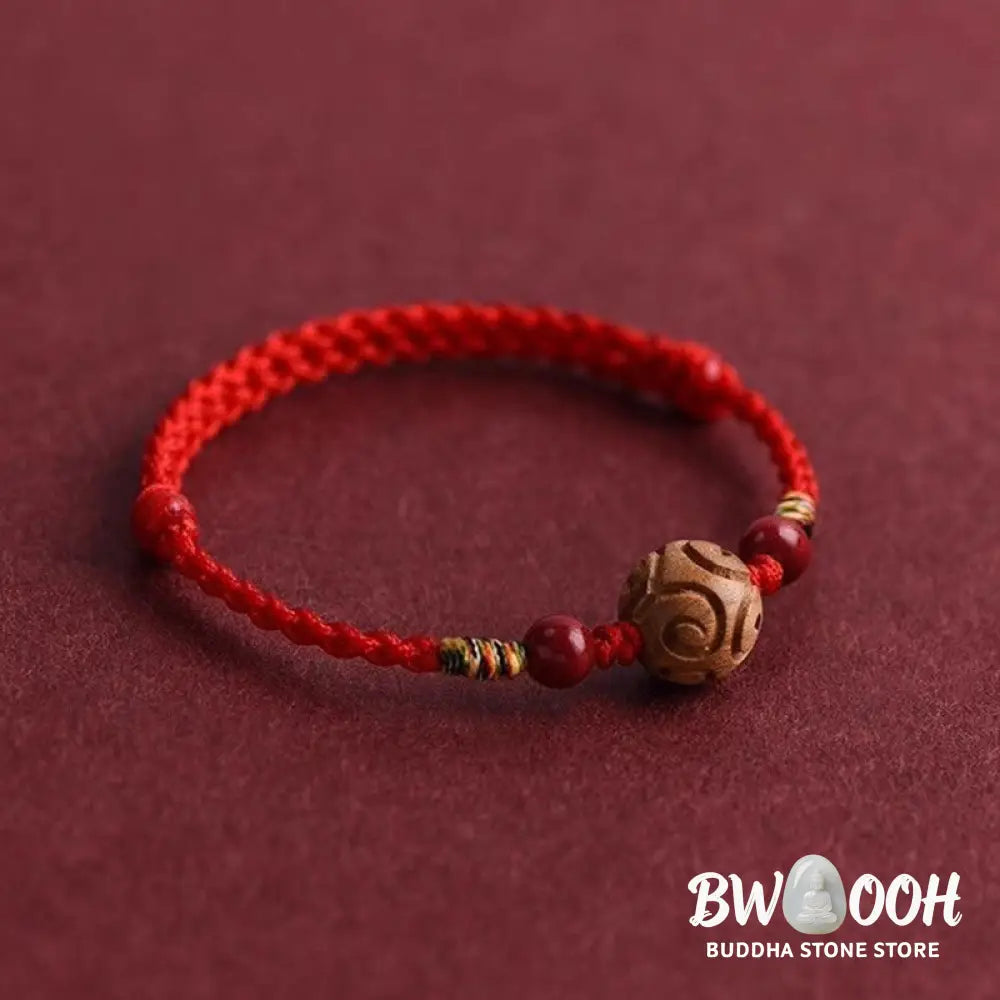 Buddha Stones Carved Auspicious Pattern Natural Peach Wood Rope Luck Bracelet - Bracelet