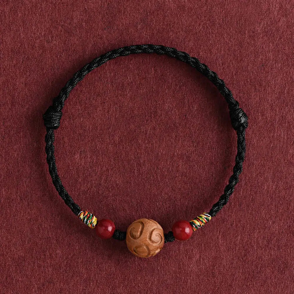 Buddha Stones Carved Auspicious Pattern Natural Peach Wood Rope Luck Bracelet - Black Rope(Wrist Circumference: