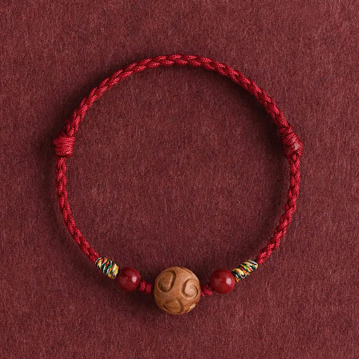 Buddha Stones Carved Auspicious Pattern Natural Peach Wood Rope Luck Bracelet - Darkred Rope(Wrist Circumference: