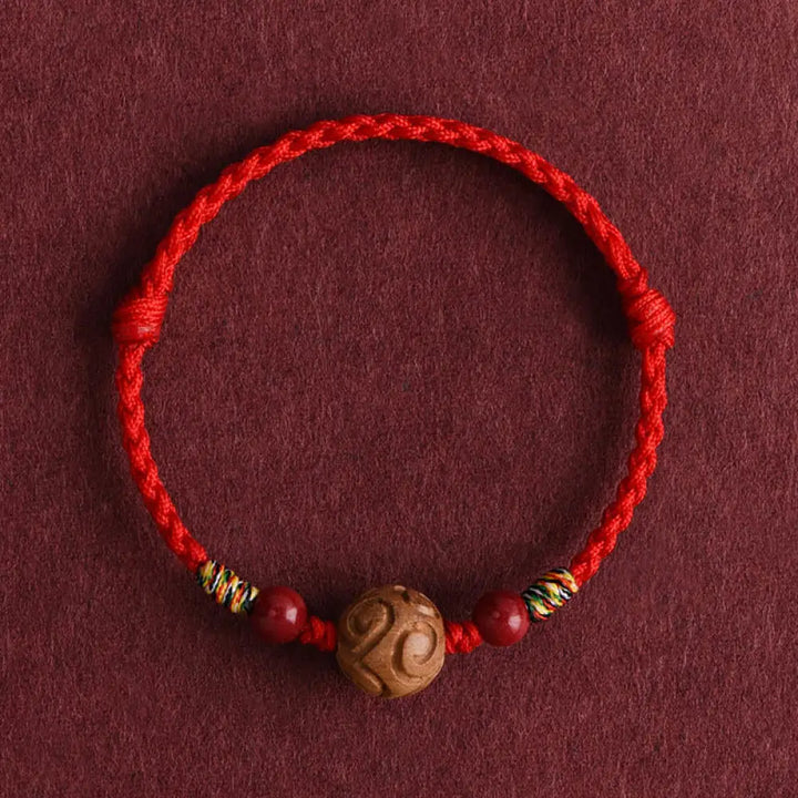 Buddha Stones Carved Auspicious Pattern Natural Peach Wood Rope Luck Bracelet - Red Rope(Wrist Circumference: 13-18cm)