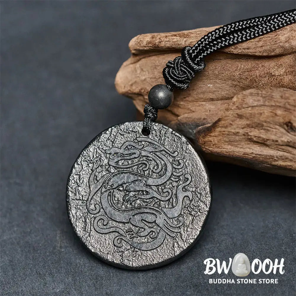 Buddha Stones Carved Dragon Pattern Authentic Shungite Stone Inner Strength Necklace Pendant - BWOOOH - Shungite