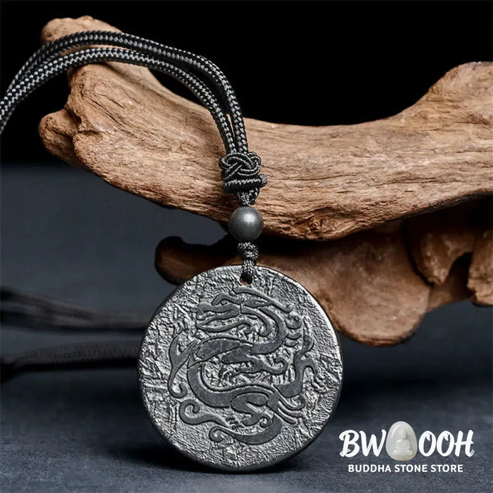 Buddha Stones Carved Dragon Pattern Authentic Shungite Stone Inner Strength Necklace Pendant - BWOOOH - Shungite