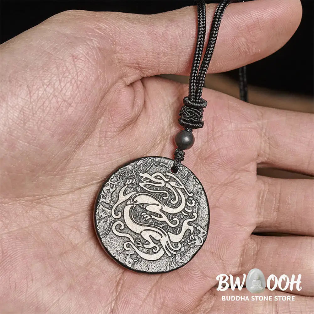 Buddha Stones Carved Dragon Pattern Authentic Shungite Stone Inner Strength Necklace Pendant - BWOOOH - Shungite