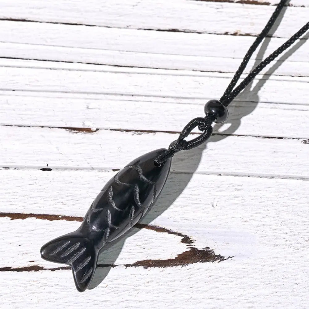Buddha Stones Carving Koi Fish Pink Crystal Indian Agate Amethyst Warmth Prosperity Necklace Pendant - BWOOOH - Black