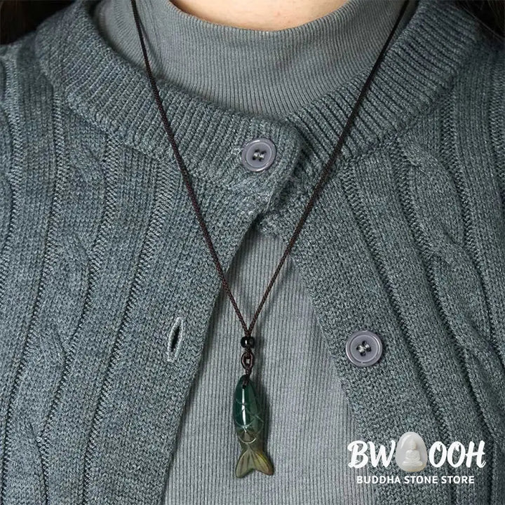 Buddha Stones Carving Koi Fish Pink Crystal Indian Agate Amethyst Warmth Prosperity Necklace Pendant - BWOOOH