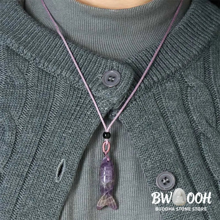 Buddha Stones Carving Koi Fish Pink Crystal Indian Agate Amethyst Warmth Prosperity Necklace Pendant - BWOOOH