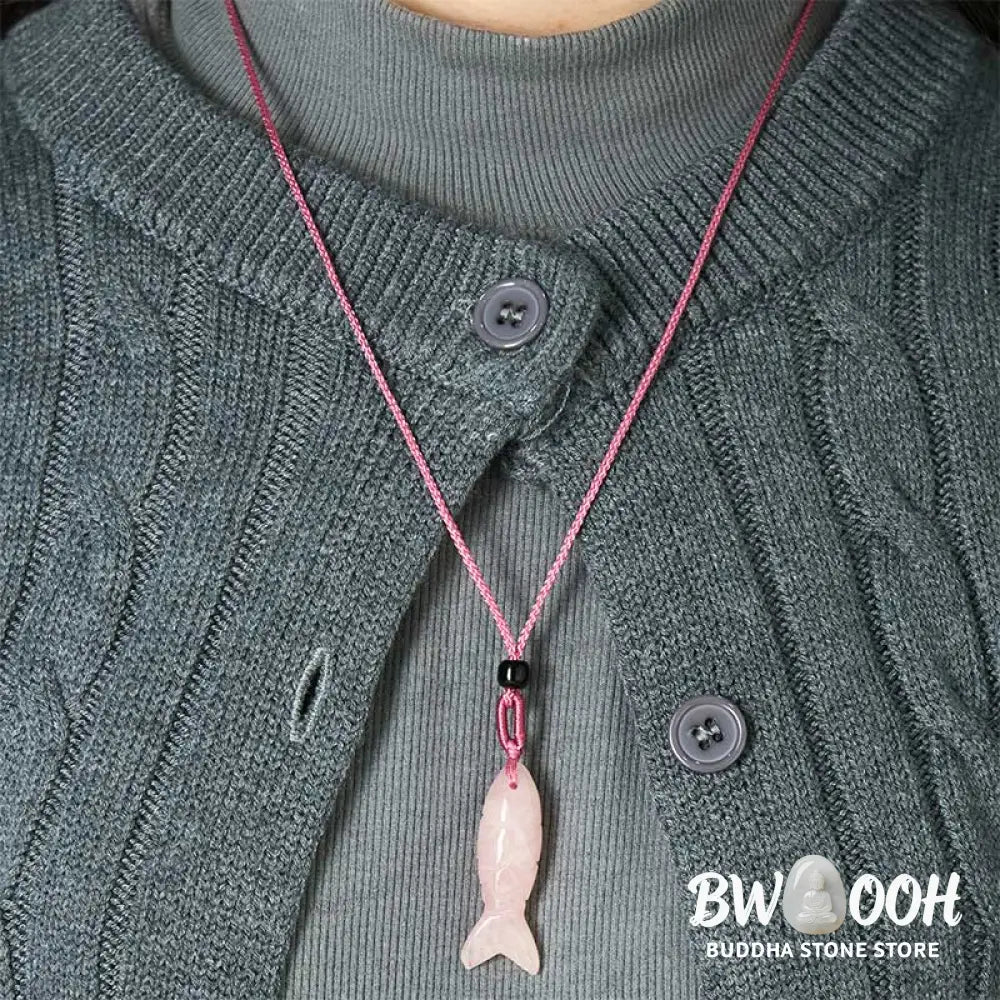 Buddha Stones Carving Koi Fish Pink Crystal Indian Agate Amethyst Warmth Prosperity Necklace Pendant - BWOOOH
