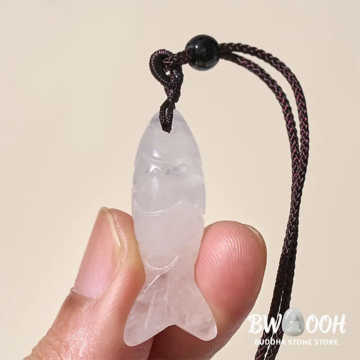 Buddha Stones Carving Koi Fish Pink Crystal Indian Agate Amethyst Warmth Prosperity Necklace Pendant - BWOOOH