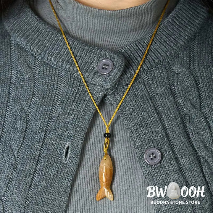 Buddha Stones Carving Koi Fish Pink Crystal Indian Agate Amethyst Warmth Prosperity Necklace Pendant - BWOOOH