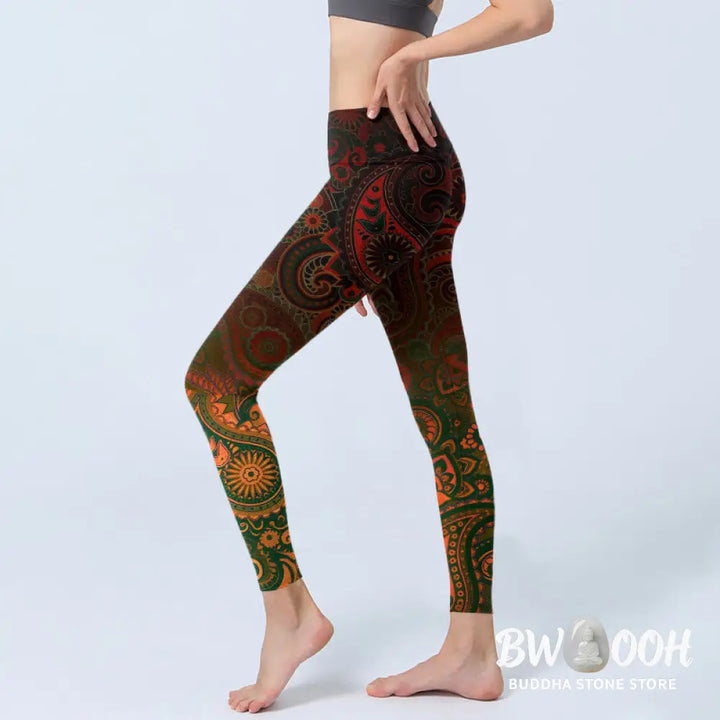 Buddha Stones Cashew Flower Paisley Print Gym Leggings Women&