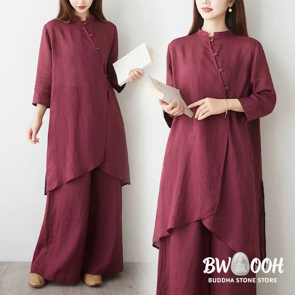 Buddha Stones Casual 2pcs Plain Three Quarter Sleeve Slanted Collar Shirt Top Wide Leg Pants With Pockets Meditation