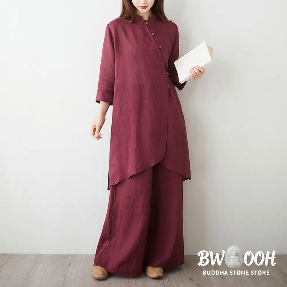Buddha Stones Casual 2pcs Plain Three Quarter Sleeve Slanted Collar Shirt Top Wide Leg Pants With Pockets Meditation