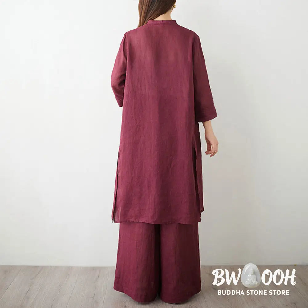 Buddha Stones Casual 2pcs Plain Three Quarter Sleeve Slanted Collar Shirt Top Wide Leg Pants With Pockets Meditation