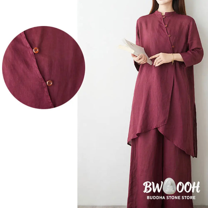 Buddha Stones Casual 2pcs Plain Three Quarter Sleeve Slanted Collar Shirt Top Wide Leg Pants With Pockets Meditation