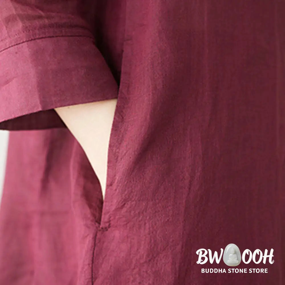 Buddha Stones Casual 2pcs Plain Three Quarter Sleeve Slanted Collar Shirt Top Wide Leg Pants With Pockets Meditation