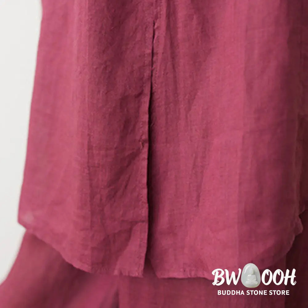 Buddha Stones Casual 2pcs Plain Three Quarter Sleeve Slanted Collar Shirt Top Wide Leg Pants With Pockets Meditation