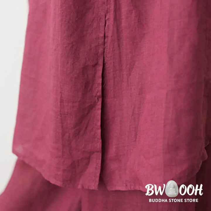 Buddha Stones Casual 2pcs Plain Three Quarter Sleeve Slanted Collar Shirt Top Wide Leg Pants With Pockets Meditation
