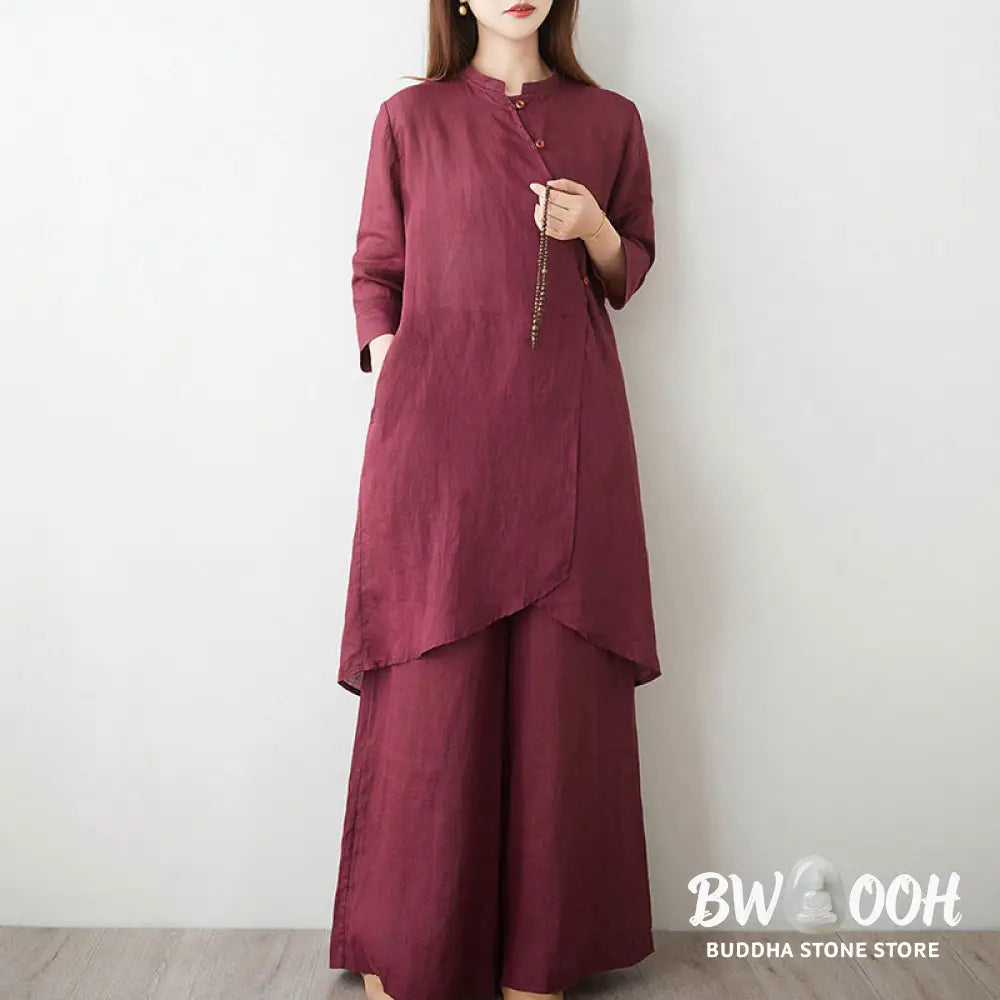 Buddha Stones Casual 2pcs Plain Three Quarter Sleeve Slanted Collar Shirt Top Wide Leg Pants With Pockets Meditation