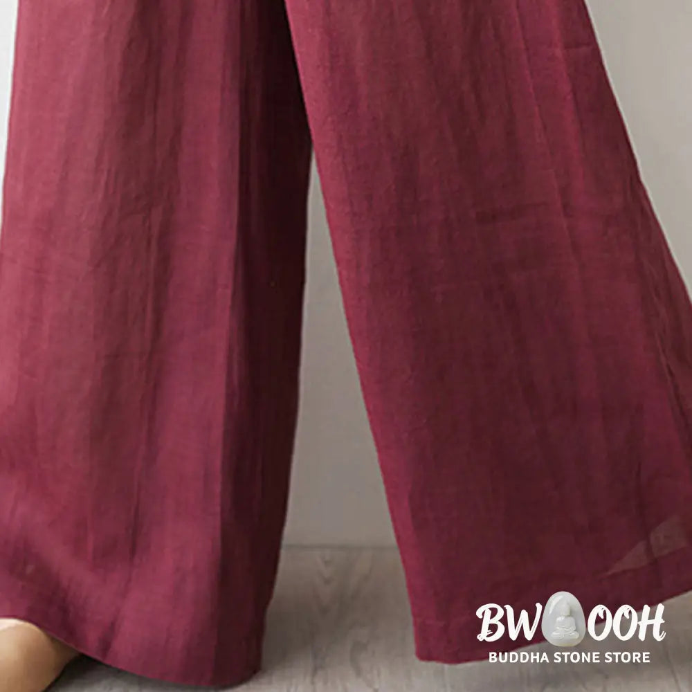 Buddha Stones Casual 2pcs Plain Three Quarter Sleeve Slanted Collar Shirt Top Wide Leg Pants With Pockets Meditation