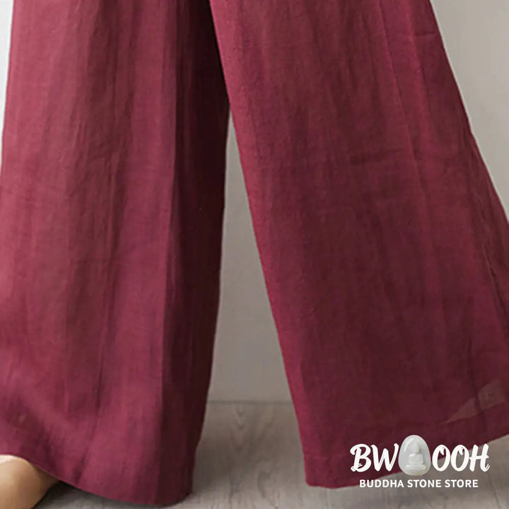 Buddha Stones Casual 2pcs Plain Three Quarter Sleeve Slanted Collar Shirt Top Wide Leg Pants With Pockets Meditation