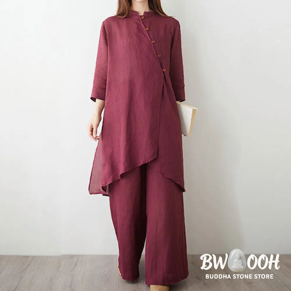 Buddha Stones Casual 2pcs Plain Three Quarter Sleeve Slanted Collar Shirt Top Wide Leg Pants With Pockets Meditation