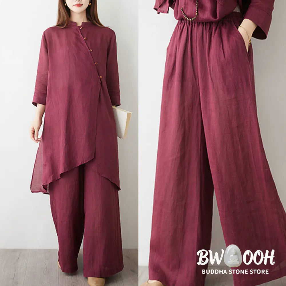 Buddha Stones Casual 2pcs Plain Three Quarter Sleeve Slanted Collar Shirt Top Wide Leg Pants With Pockets Meditation