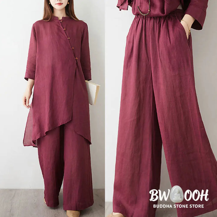 Buddha Stones Casual 2pcs Plain Three Quarter Sleeve Slanted Collar Shirt Top Wide Leg Pants With Pockets Meditation