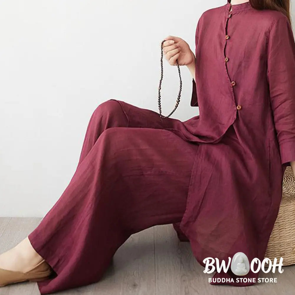 Buddha Stones Casual 2pcs Plain Three Quarter Sleeve Slanted Collar Shirt Top Wide Leg Pants With Pockets Meditation