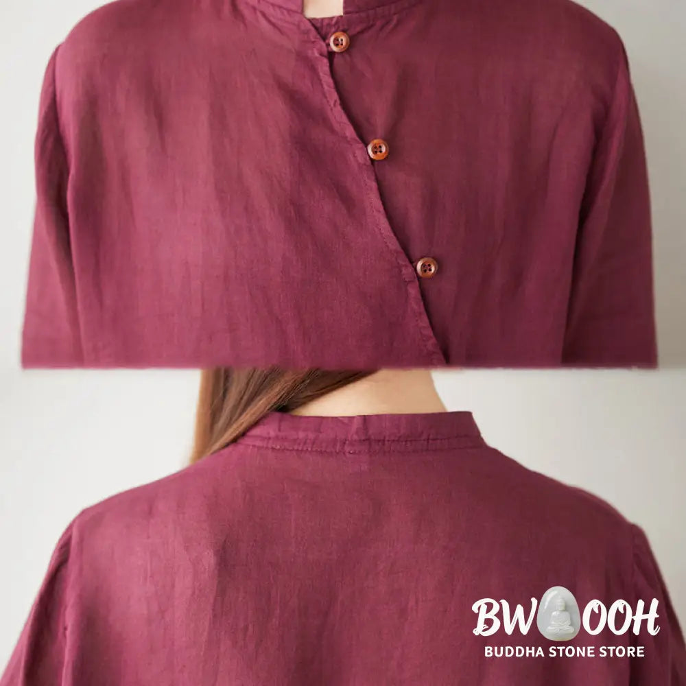 Buddha Stones Casual 2pcs Plain Three Quarter Sleeve Slanted Collar Shirt Top Wide Leg Pants With Pockets Meditation