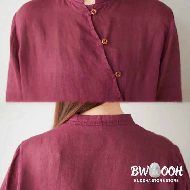 Buddha Stones Casual 2pcs Plain Three Quarter Sleeve Slanted Collar Shirt Top Wide Leg Pants With Pockets Meditation